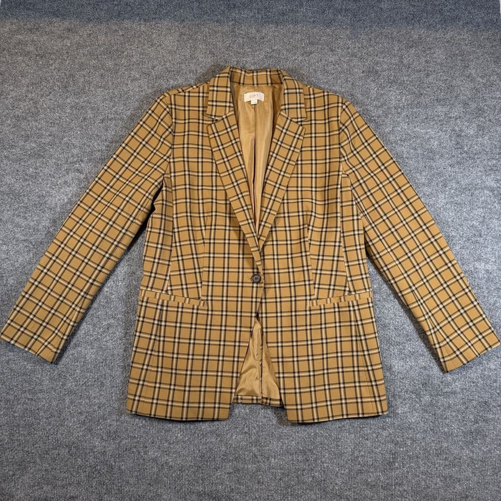 Loft Womens L Plaid Blazer Jacket Notched One-Button Mustard Office Preppy